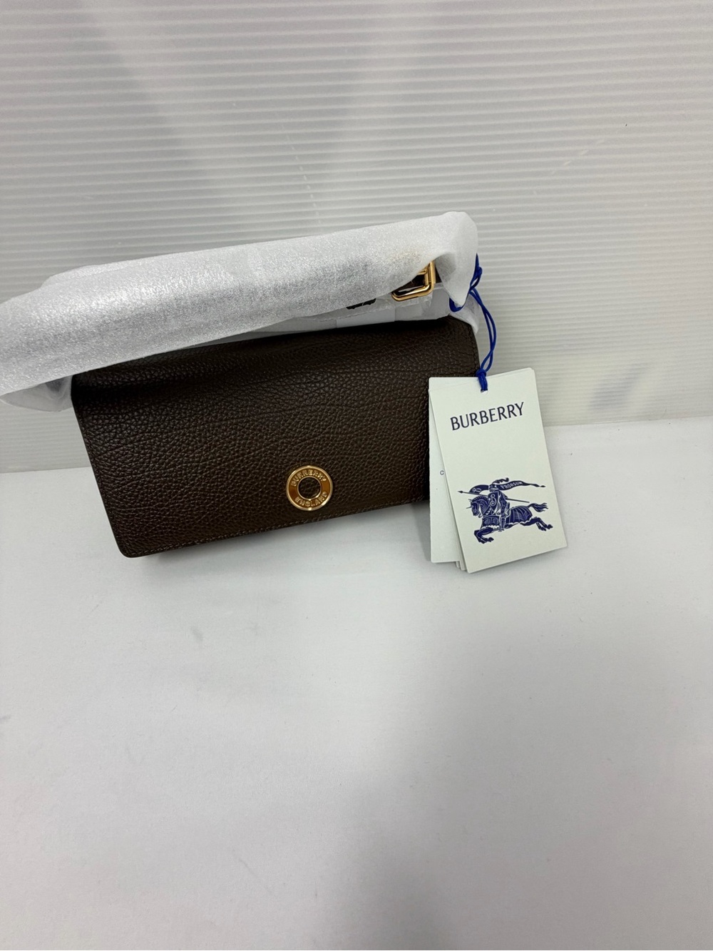 Burberry Dark Brown Grained Leather Wallet with Gold-Tone Button